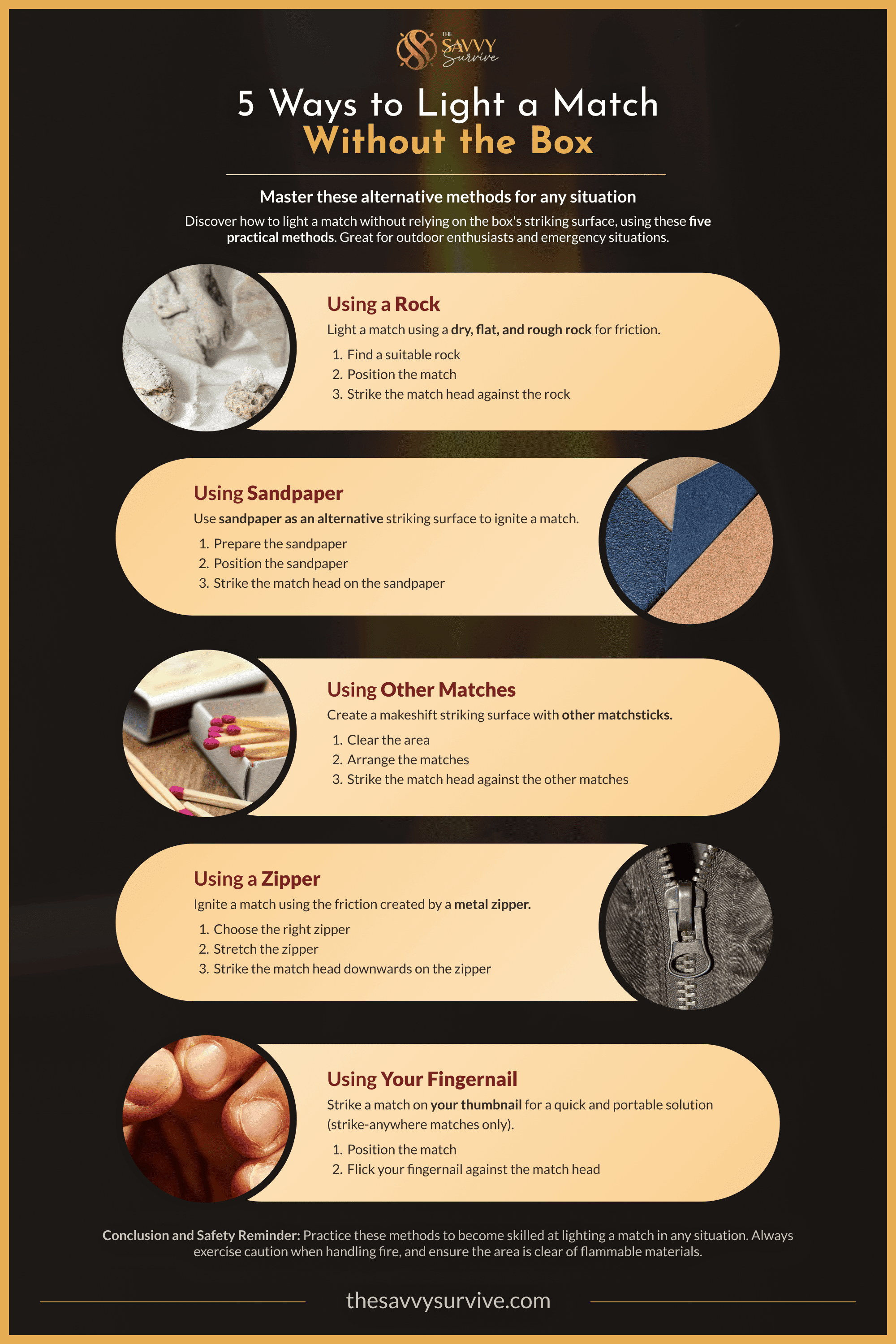 An infographic showing steps for lighting a match without a matchbox, including using a rock, sandpaper, other matches, a zipper or your fingernail.