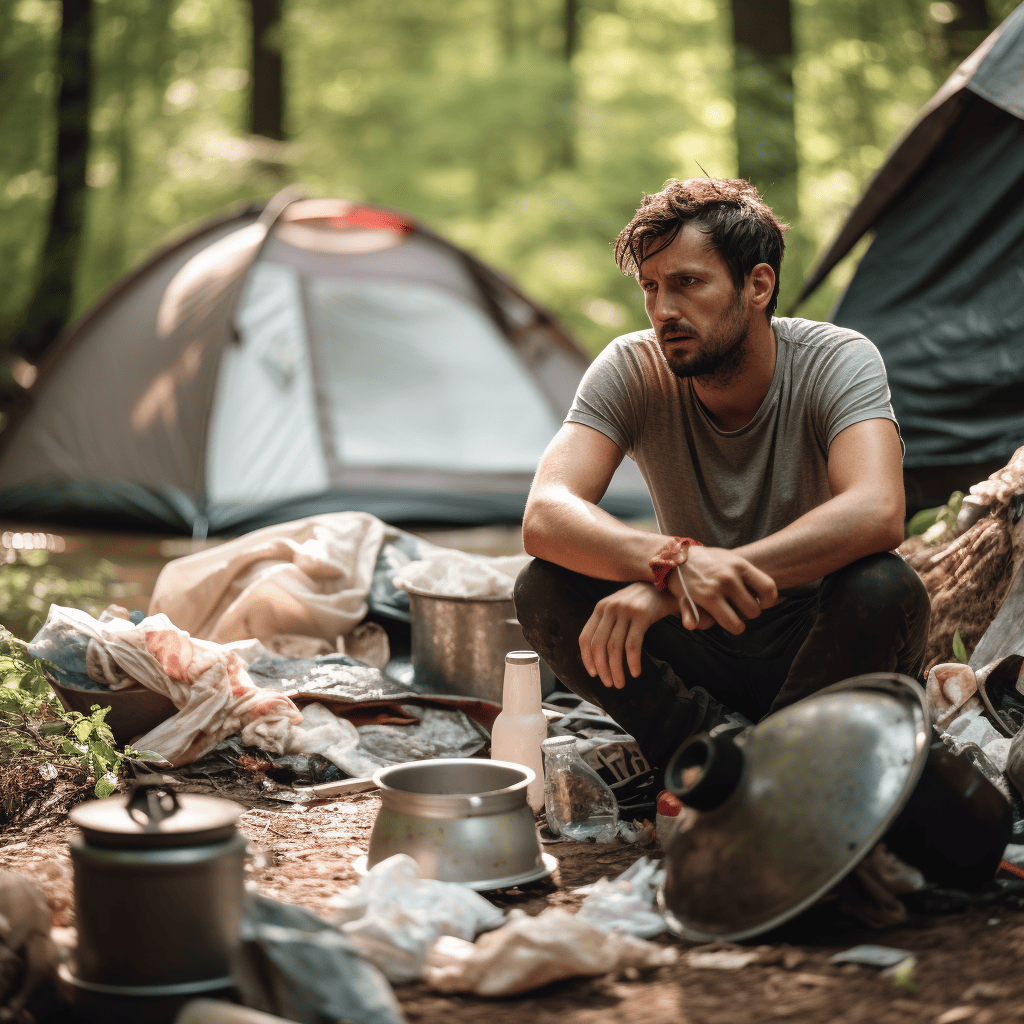 A realistic photo of a frustrated_man on a camping trip.