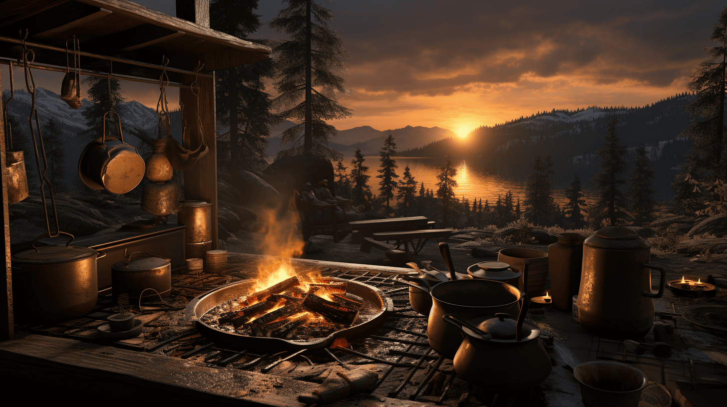 Dirty pots and pans sitting by a campfire